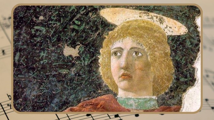 Gemälde von Kopf eines Heiligen mit Heiligenschein, im Hintergrund Musiknoten
