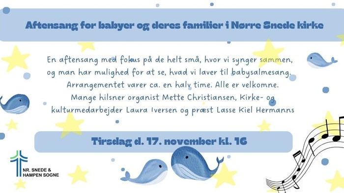 En invitation til en babyfokuseret aftensangarrangement i Nørre Snede Kirke den 17. november kl. 16.
