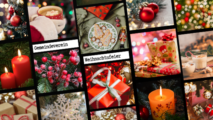 Das Bild zeigt verschiedene Weihnachtsmotive wie Geschenke, Kerzen, Plätzchen und festliche Dekorationen.