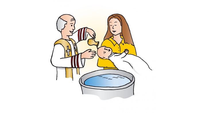 Ein Priester hält ein Baby über einem Taufbecken, während eine Frau in gelbem Kleid danebensteht.