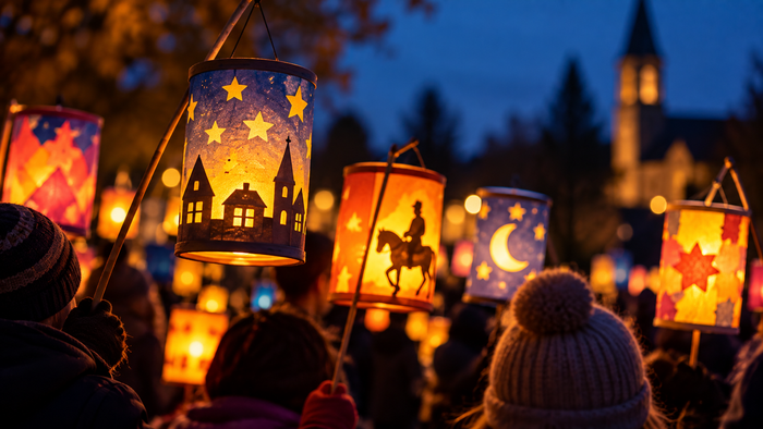 Bei Einbruch der Dunkelheit zieht eine Gruppe mit leuchtenden Laternen durch den Ort. Die Laternen zeigen Sterne, Mond, Häuser und einen Reiter; im Hintergrund ist eine beleuchtete Kirche zu erkennen.