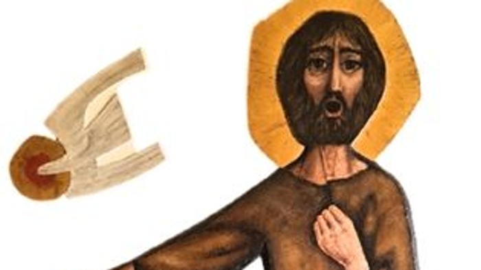 Das Bild zeigt eine Darstellung von St. Johannes d. Täufer in einer Robe, mit einem Lamm und einer Schriftrolle.