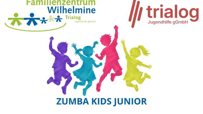 tanzende Kinder, die in die Luft springen, darunter der Titel des Angebots Zumba Kids Junior, sowie die Hinweise auf die veranstaltende Organisation, das Familienzentrum Wilhelmine 