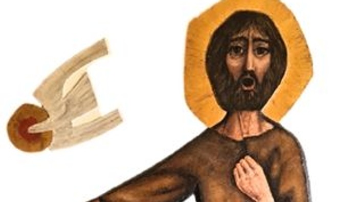 Das Bild zeigt eine Darstellung von St. Johannes d. Täufer in einer Robe, mit einem Lamm und einer Schriftrolle.