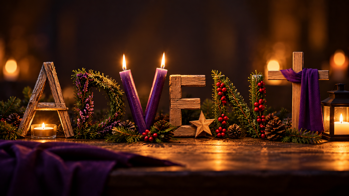 Das Wort „ADVENT“ ist aus Holz, Tannengrün und zwei brennenden violetten Kerzen gestaltet. Tannenzweige, rote Beeren, Zapfen, Kerzenlicht und ein Holzkreuz mit violettem Tuch ergänzen die winterliche Szenerie.