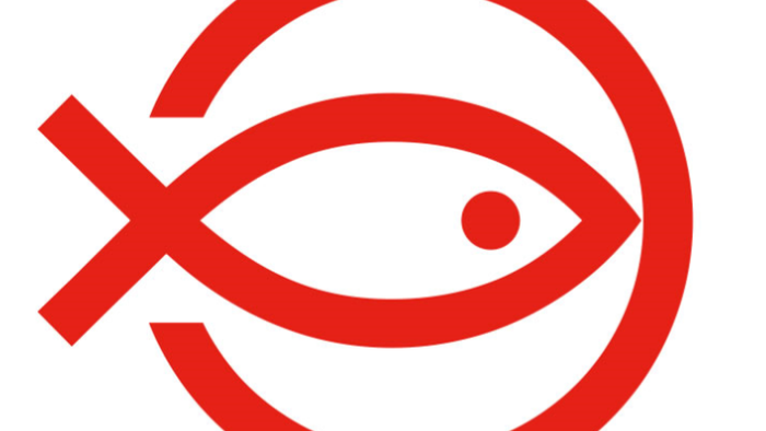 Et rødt symbol af en fisk og et kryds.