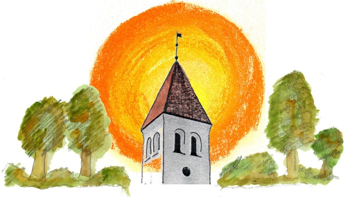 En kirke med tårn og en stor sol i baggrunden, omgivet af træer