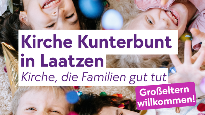 Bunte Kirchenveranstaltungsplakate, die Großeltern mit Oster- und Familienaktivitäten sowie Details zu Orten willkommen heißen.