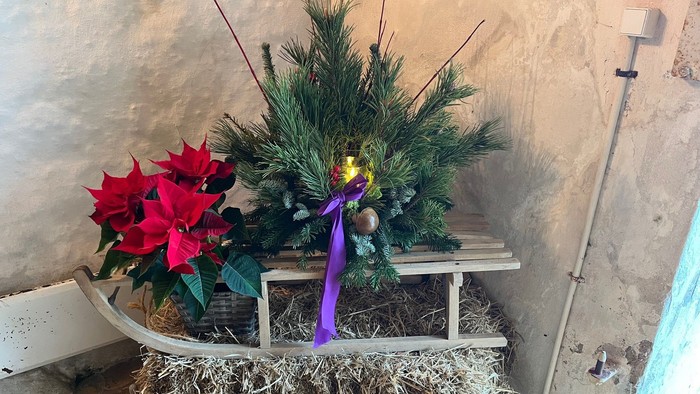 Kælk med juledekoration i våbenhuset i Tuse Kirke