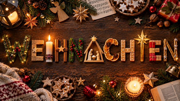 Das Wort „WEIHNACHTEN“ ist aus weihnachtlichen Gegenständen wie Tannengrün, Kerze, Krippe, Zimtstangen oder Lebkuchengelegt. Rundherum liegen weitere Weihnachtsdekorationen: Plätzchen oder eine aufgeschlagene Bibel.