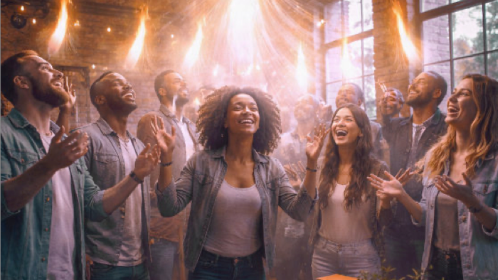 Eine vielfältige Gruppe betet fröhlich gemeinsam in einer Kirche und feiert Glauben und Gemeinschaft.