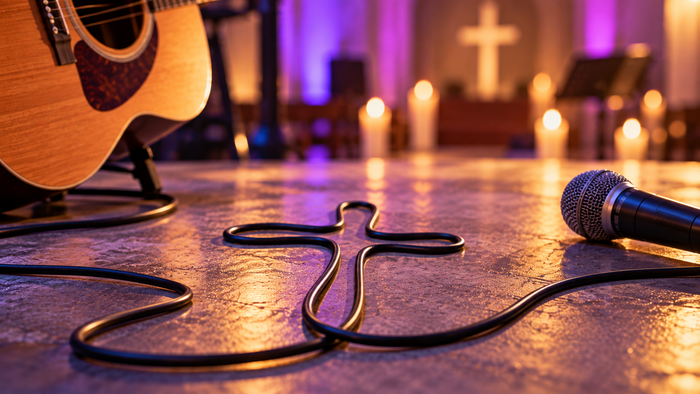 Ein Mikrofon und eine Gitarre liegen in einer stimmungsvoll violett beleuchteten Kirche; das Mikrofonkabel ist in Form eines Kreuzes gelegt, im Hintergrund brennen Kerzen.