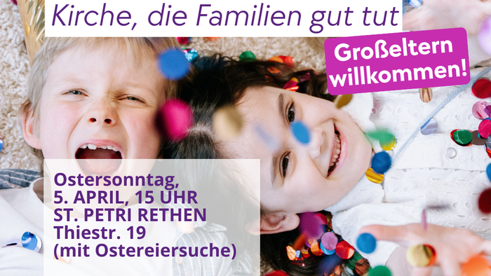 Bunte Kirchenveranstaltungsplakate, die Großeltern mit Oster- und Familienaktivitäten sowie Details zu Orten willkommen heißen.