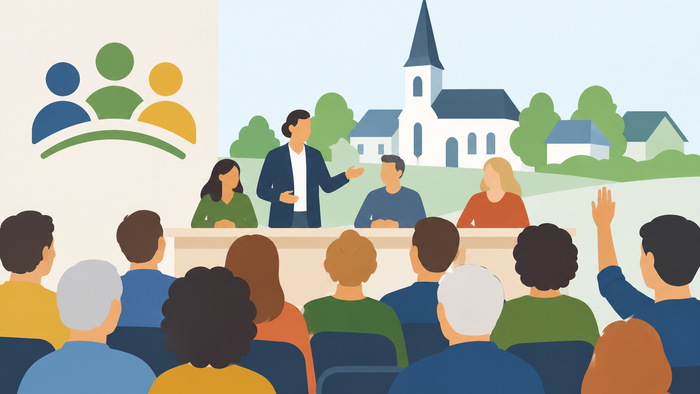 Symbolbild einer Gemeindeversammlung vier Leute auf dem Podium, eine Kirche im Hintergrund, im Vordergrund Menschen, die sich beteiligen.