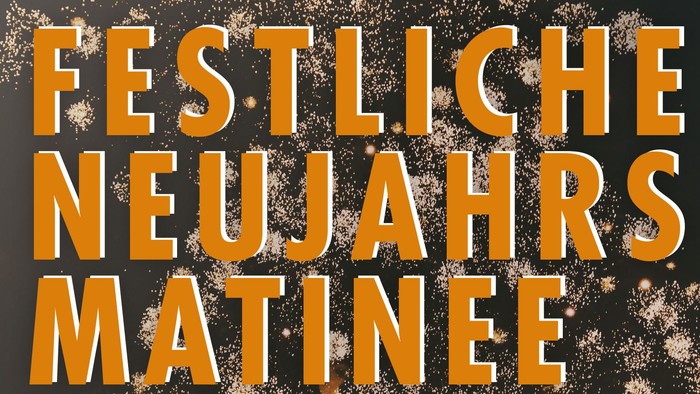 Plakat für ein festliches Neujahrs-Matinee-Konzert mit Werken von Bach, Mendelssohn und Improvisationen über internationale Neujahrslieder.