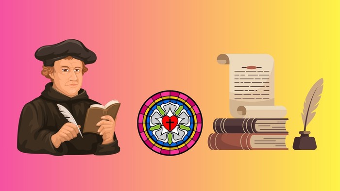 Luther, Lutherrose, Bücher und Federkiel