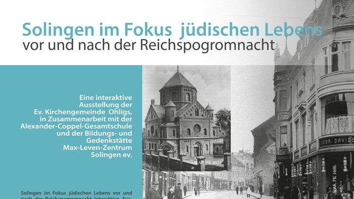 Veranstaltungsplakat zum jüdischen Leben in Solingen vor und nach der Reichspogromnacht mit Terminen und Veranstaltungsortangaben.