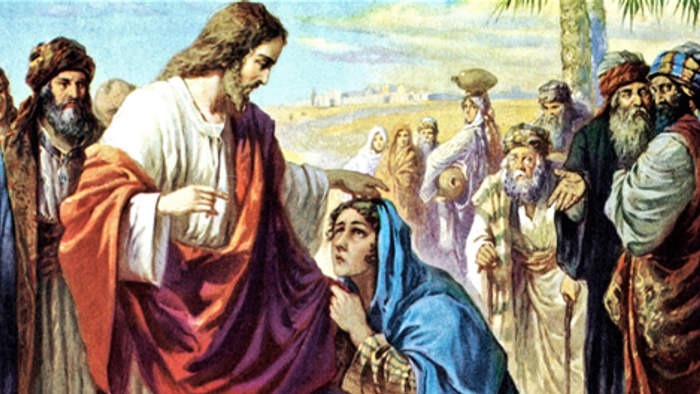 Religious scene with Jesus healing a woman in a crowd.