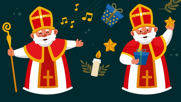 Vier Abbildungen einer bischofsähnlichen Figur in roten und weißen Gewändern, die jeweils verschiedene weihnachtlich thematisierte Gegenstände hält.