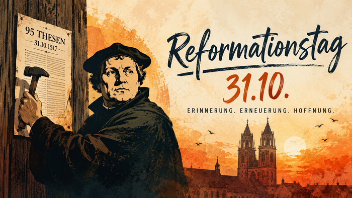 Illustrierte Feier des Reformationstags mit Martin Luther, der am 31. Oktober 1517 die 95 Thesen anschlägt.