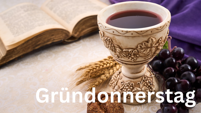 Religiöse Symbole für Gründonnerstag (Karfreitag), darunter ein Weinkelch, Brot, Trauben, Weizen und eine geöffnete Bibel.