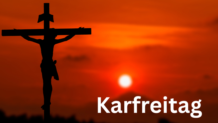 Silhouette einer Kreuzigungsszene bei Sonnenuntergang mit dem Wort „Karfreitag“, das den Karfreitag bezeichnet.