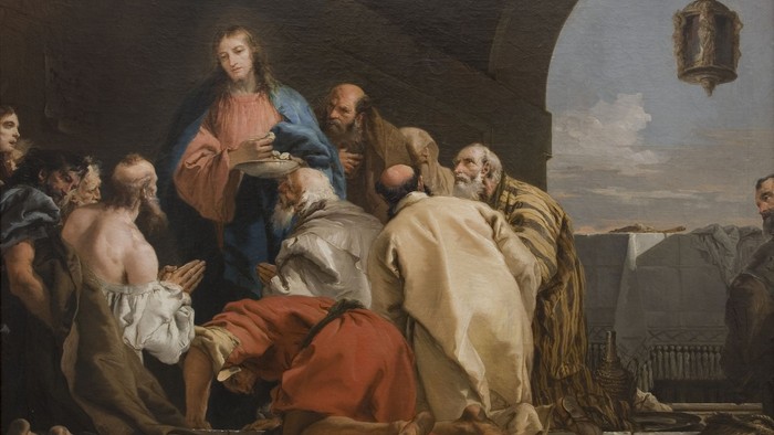 Et religiøst maleri viser Jesus, der helbreder en mand midt i en menneskemængde.