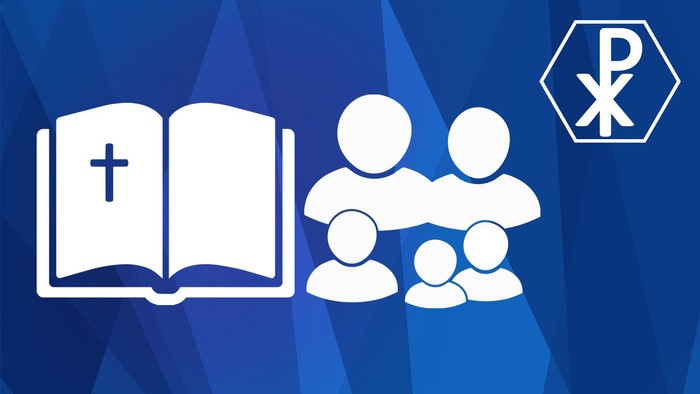 Christliche Familienikone mit offener Bibel und Kreuzsymbol, die Glauben und Gemeinschaft darstellt.