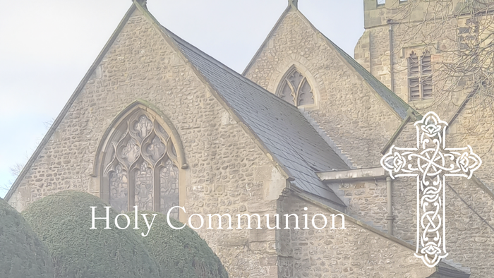 Stone church with arched windows and cross, Holy Communion