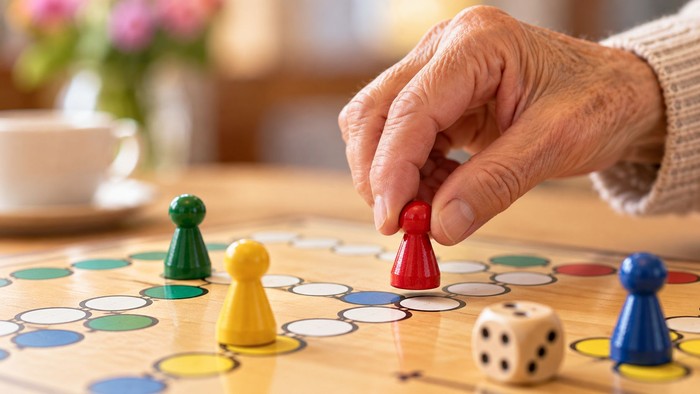Eine Person spielt ein Brettspiel, indem sie eine rote Spielfigur auf einem bunten karierten Spielbrett bewegt.