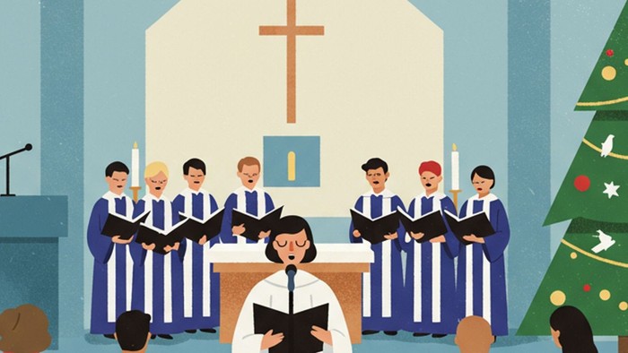 Church service with choir singing, Christmas tree present