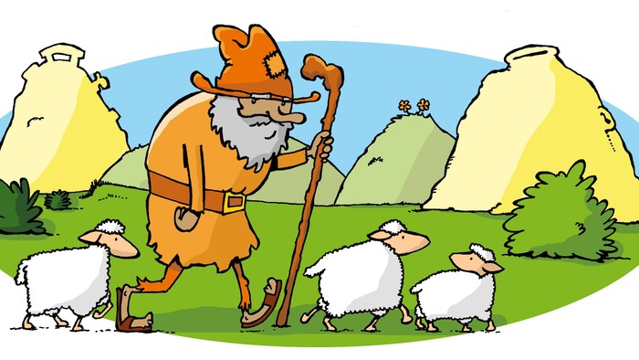 Comic eines Hirten und Schafe