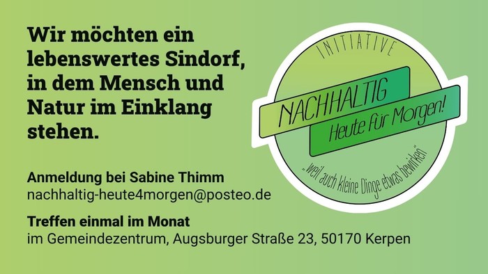 Ein grünes Plakat zur Förderung nachhaltiger Gemeinschaftstreffen in Sindorf mit Anmeldedetails und Veranstaltungsort.