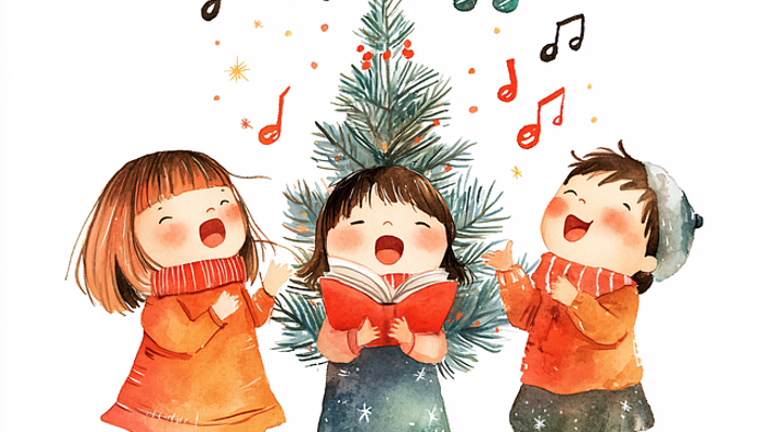 3 Kinder singen vor einem Tannenbaum