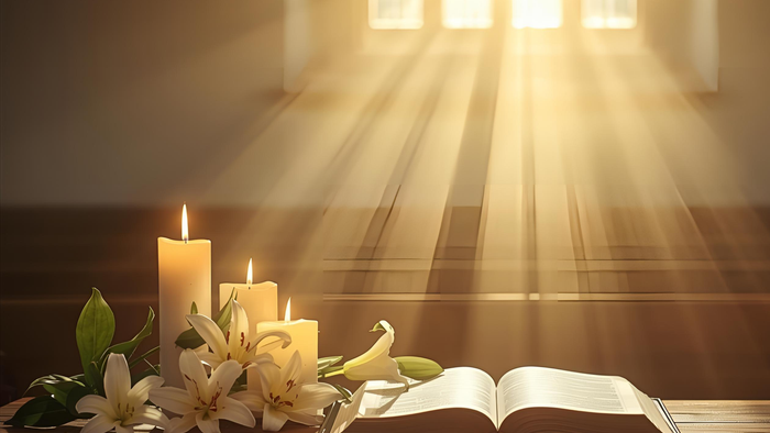 Drei brennende Kerzen stehen auf dem Altar zusammen mit Lilien und einer offenen Bibel.