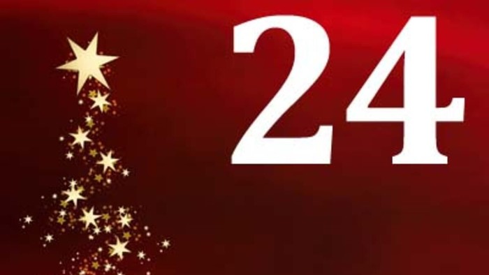 Das Bild zeigt eine Weihnachtsdekoration mit der Zahl 24 und goldenen Sternen.
