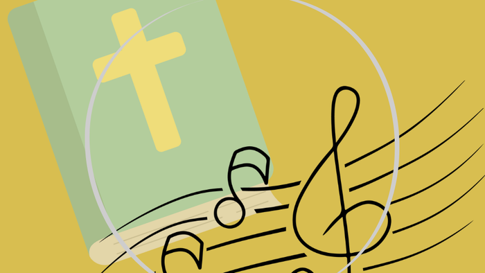 Kristent salmebog med noder, der strømmer ud af den, som symboliserer hellig musik.