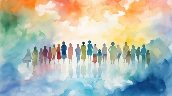 Eine Gruppe von Menschen steht vor einem farbenfrohen Wolkenhintergrund