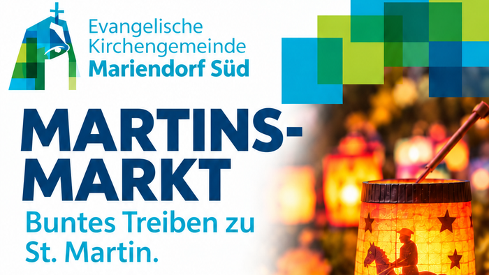 Einladungsplakat für einen festlichen Martinsmarkt mit Aktivitäten, Essen und Laternenumzug.