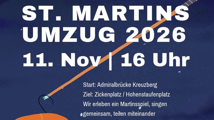 Eine erleuchtete Laterne im Abendhimmel, im Hintergrund ein Reiter mit Kindern und Laternen Text: Umzug am 11.11.26 um 16 Uhr von der Admiralbrücke bis Zickenplatz