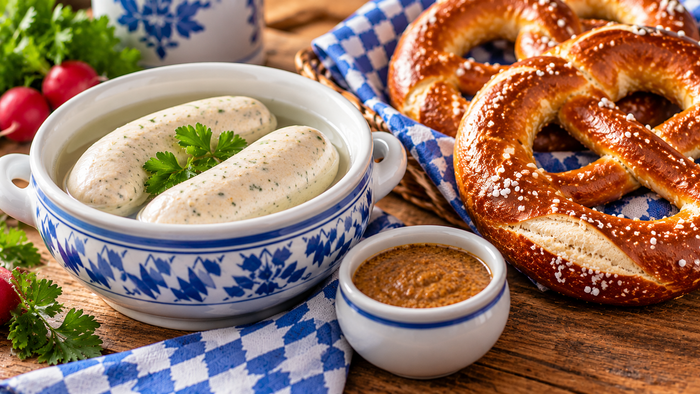 Zwei Weißwürste in einer blau-weißen Keramikschüssel, dazu frisch gebackene Brezeln, süßer Senf und Radieschen auf einem rustikalen Holztisch mit blau-weiß kariertem Tuch.