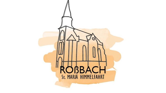 Aquarell-Stil-Logo der Kirche St. Maria Himmelfahrt in Roßbach mit einem schlichten, eleganten Design.