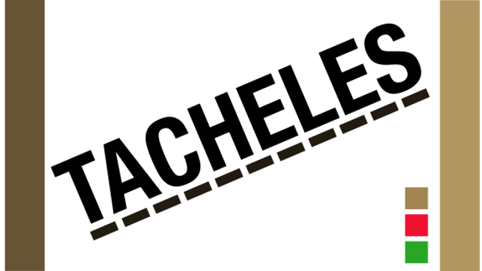 Logo mit dem Wort „TACHELES“ in einem abgenutzten, gestempelten Look und einer Farblegende darunter.