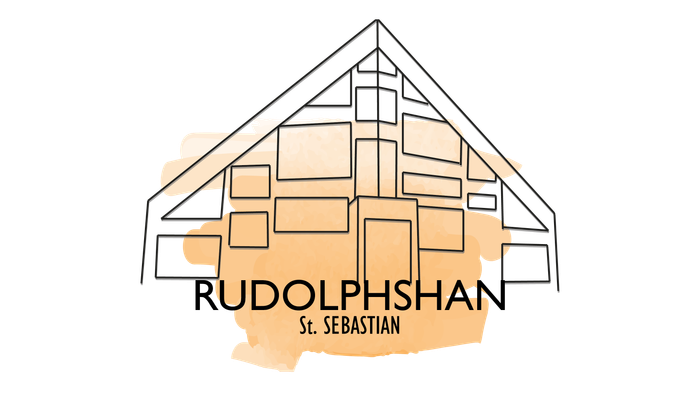 Ein stilisiertes, abstraktes Logo eines Hauses mit der Beschriftung *„Ludolphshain St. Sebastian“* in minimalistischem Design.