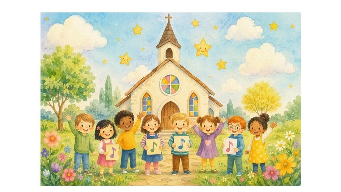 Einladungskarte für einen Kindergottesdienst mit bunter Kirchenillustration und teilnehmenden Kindern.