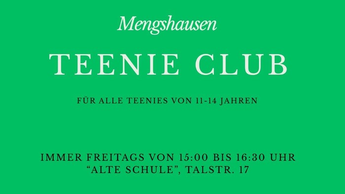 Jugendclub-Flyer für Jugendliche von 11–14 Jahren in Mengshausen mit Aktivitäten jeden Freitag von 15:00 bis 16:30 Uhr.