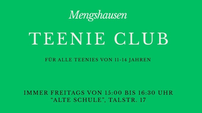 Jugendclub-Flyer für Jugendliche von 11–14 Jahren in Mengshausen mit Aktivitäten jeden Freitag von 15:00 bis 16:30 Uhr.