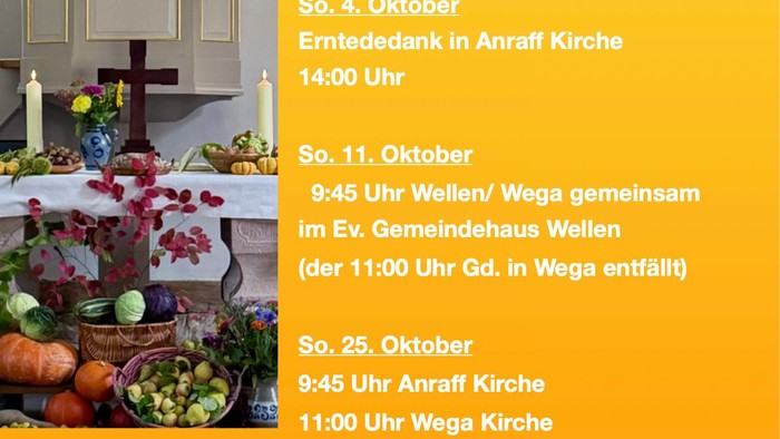 Gottesdienstplan für Oktober 2026 in Weilen, Wega und Anraff mit Uhrzeiten und Orten.