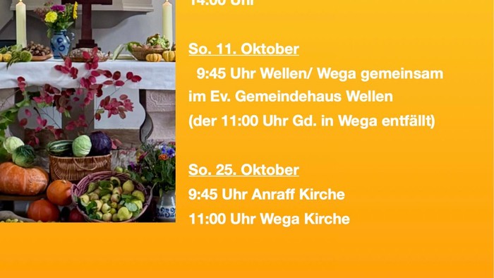 Gottesdienstplan für Oktober 2026 in Weilen, Wega und Anraff mit Uhrzeiten und Orten.
