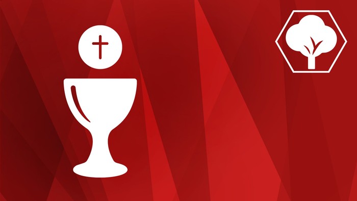 Christliche Symbolik mit einem Kelch, über dem ein Kreuz steht, und einem Baum-Logo in einer geometrischen Form.